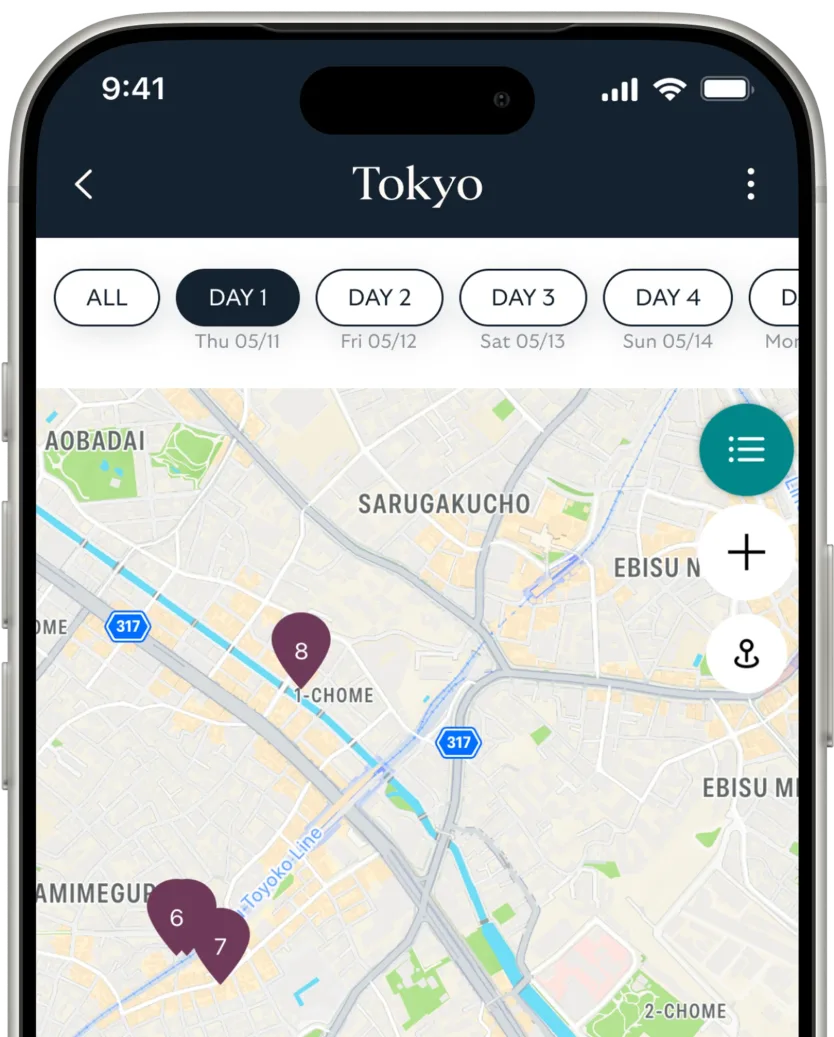 AmiGo itinerary screen with a day-by-day plan for Tokyo