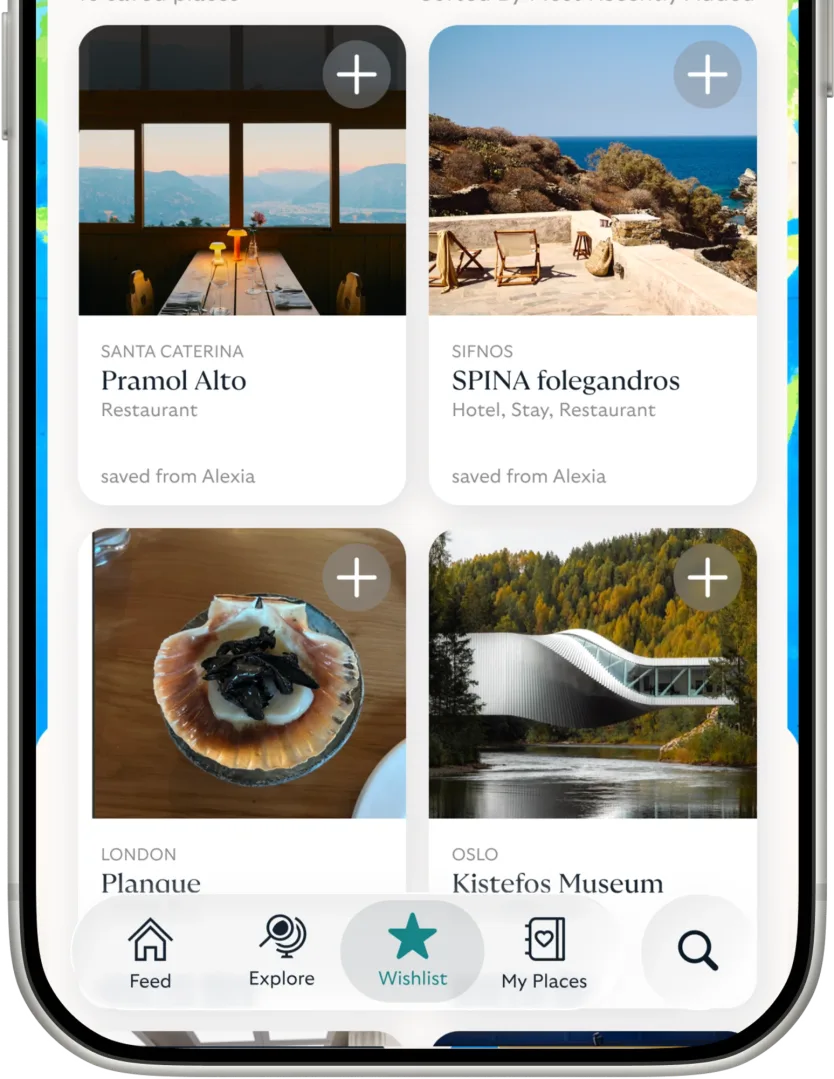 AmiGo wishlist screen with saved places